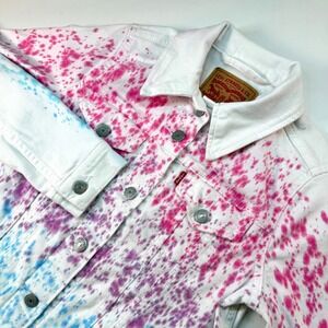 Levis XS Tie‎ Dye Denim Jacket Pink Blue White Splatter Trucker Jean Jacket